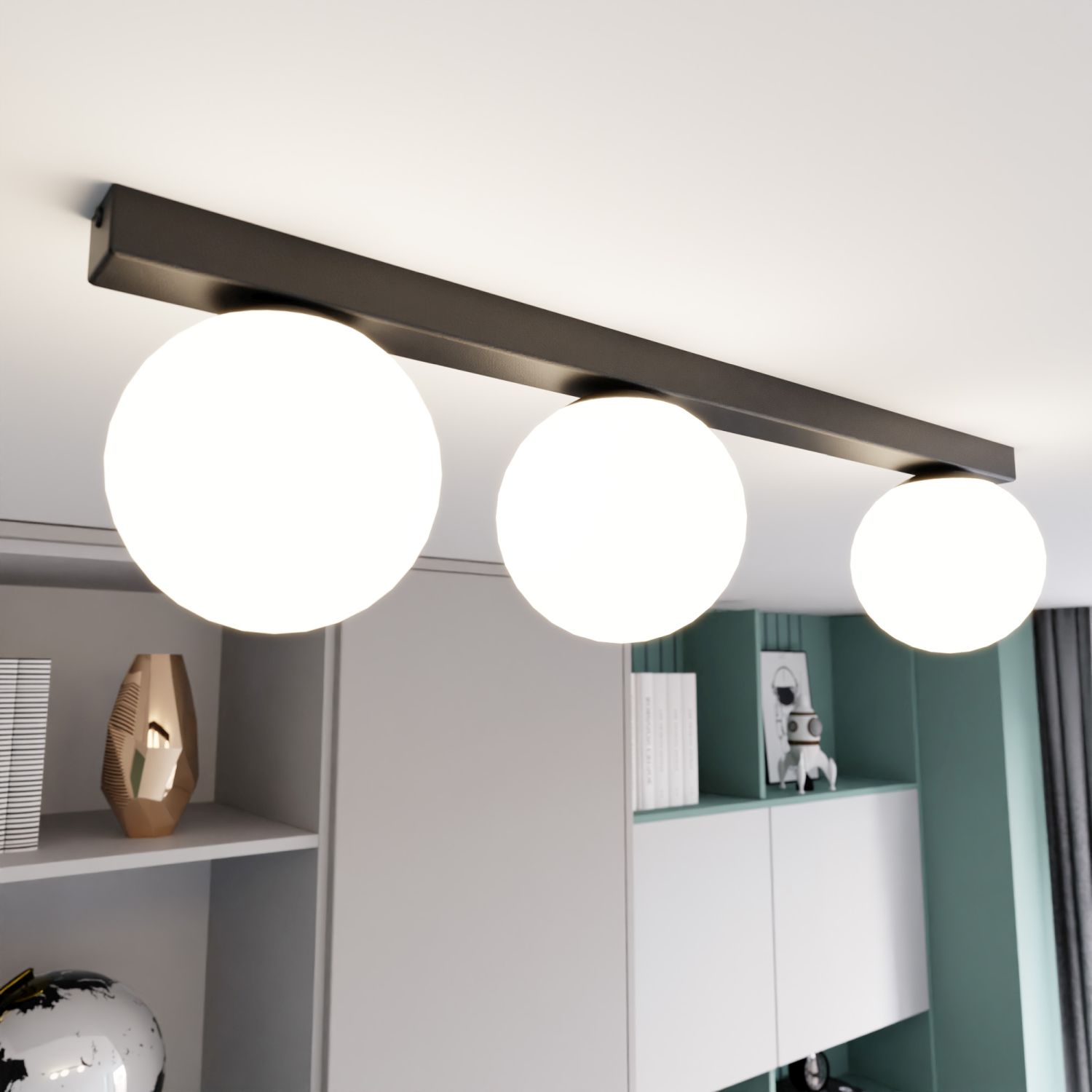 Deckenlampe 3-flammig E14 70 cm lang Glas Metall Weiß Schwarz