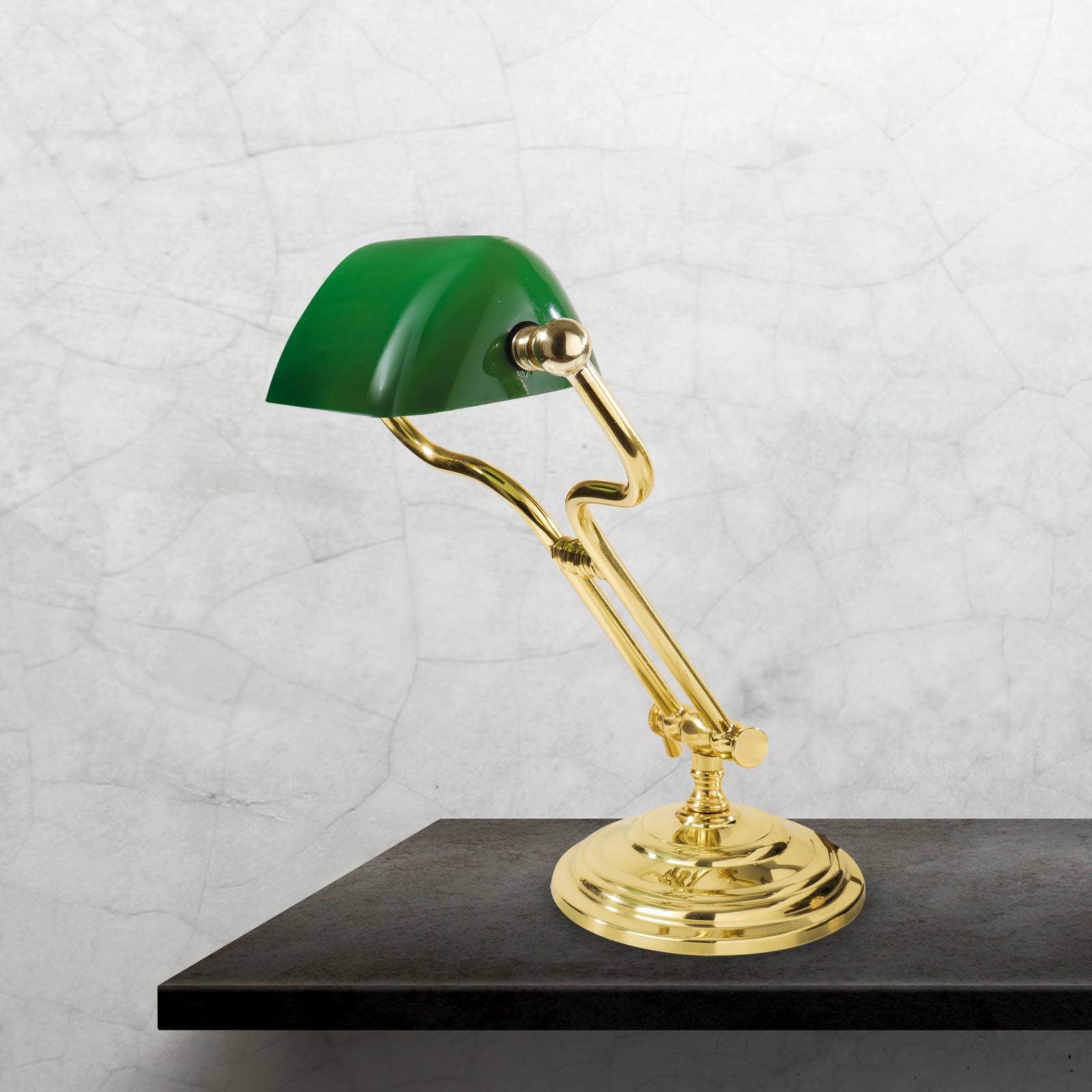 Lampe de banquier Vert H : 35 cm réglable Laiton véritable Verre E14