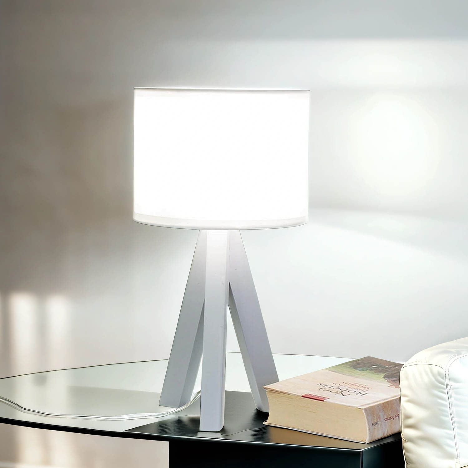 Lampe de chevet E14 Trépied Blanc Tissu Bois