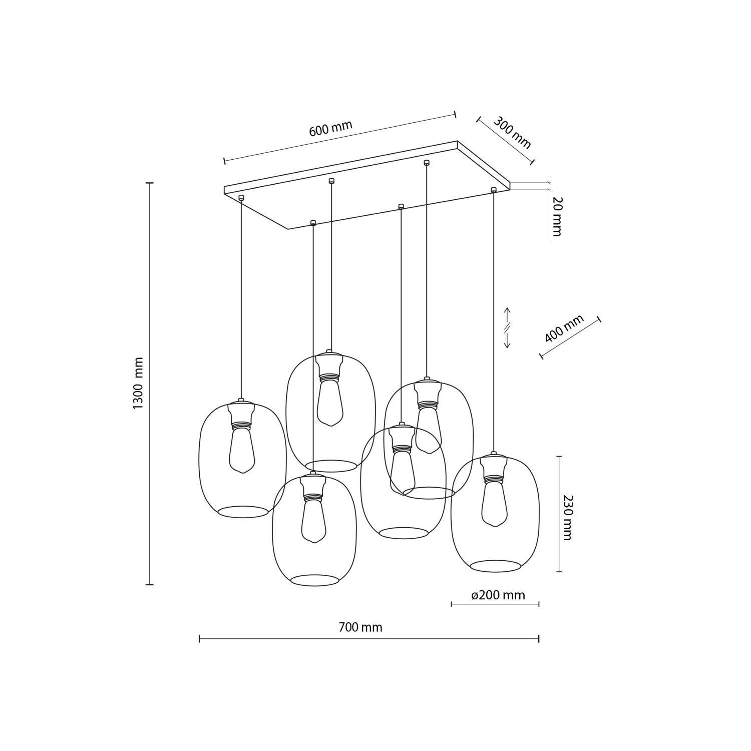 Suspension verre fumé métal L : 70 cm H : max. 1,3 m 6x E27