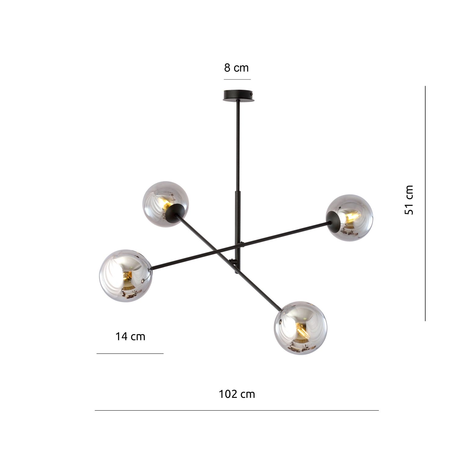 Deckenlampe schwenkbar L: 102 cm E14 4-flammig Kugelschirm