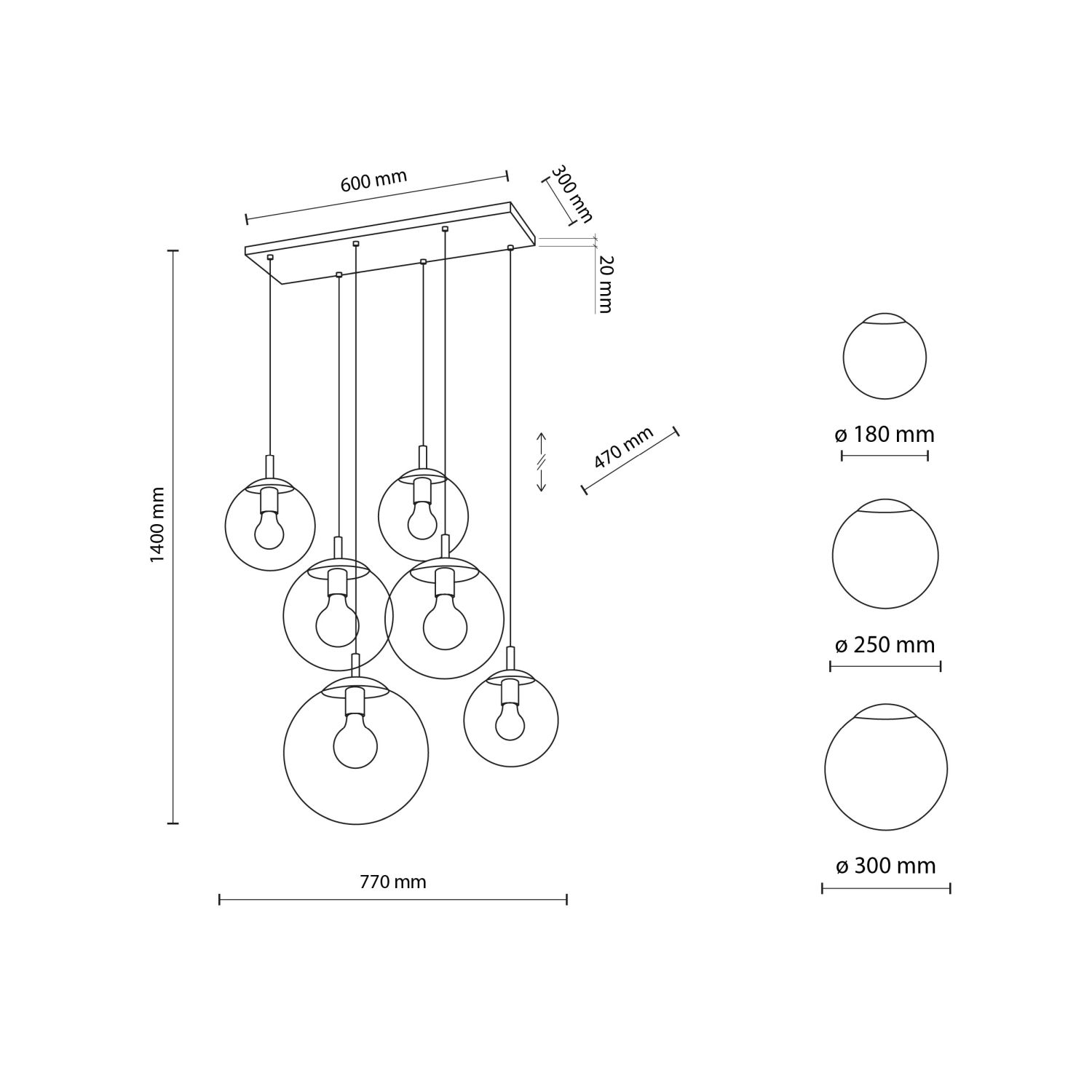 Lampe à suspendre verre fumé L : 77 cm H : max. 140 cm 6x E27