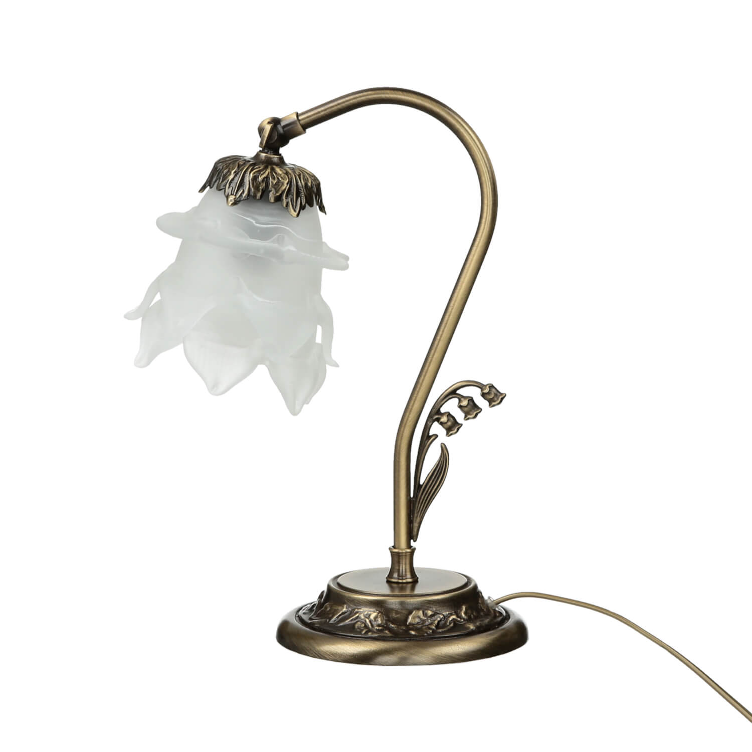 Tischlampe Glasschirm Weiß Echt-Messing Floral