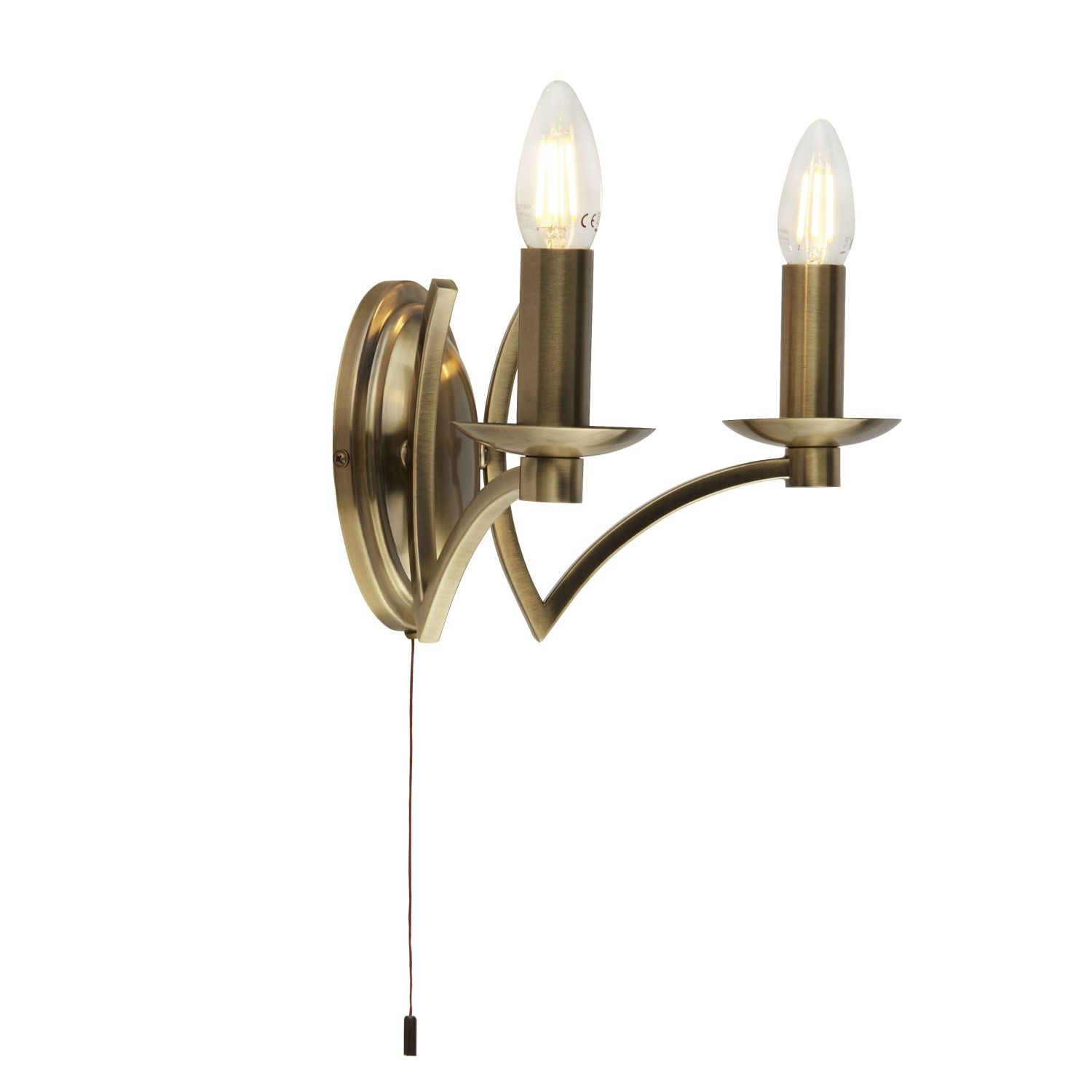 Wandlampe mit Schalter E14 in Messing Antik 2-flammig