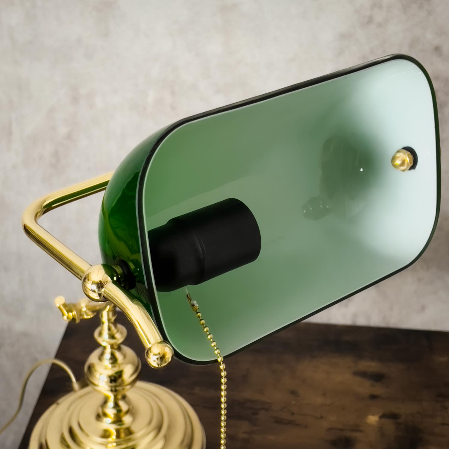 Bankerlampe Zugschalter 38 cm E27 Messing Glas Grün