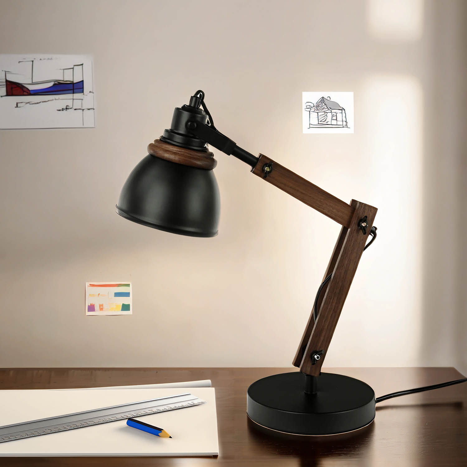 Verstellbare Schreibtischlampe Retro Metall Holz E14