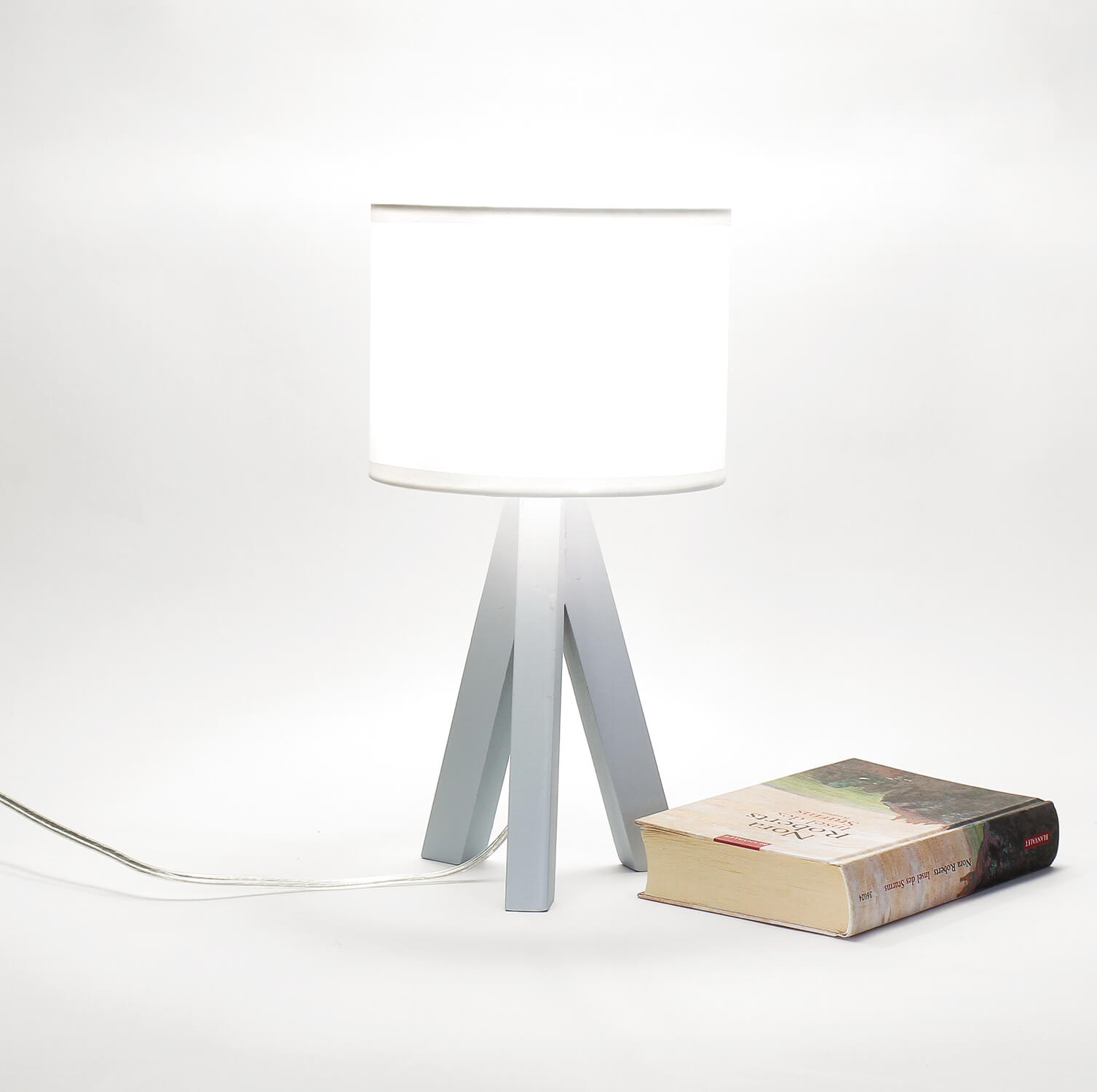 Lampe de chevet E14 Trépied Blanc Tissu Bois