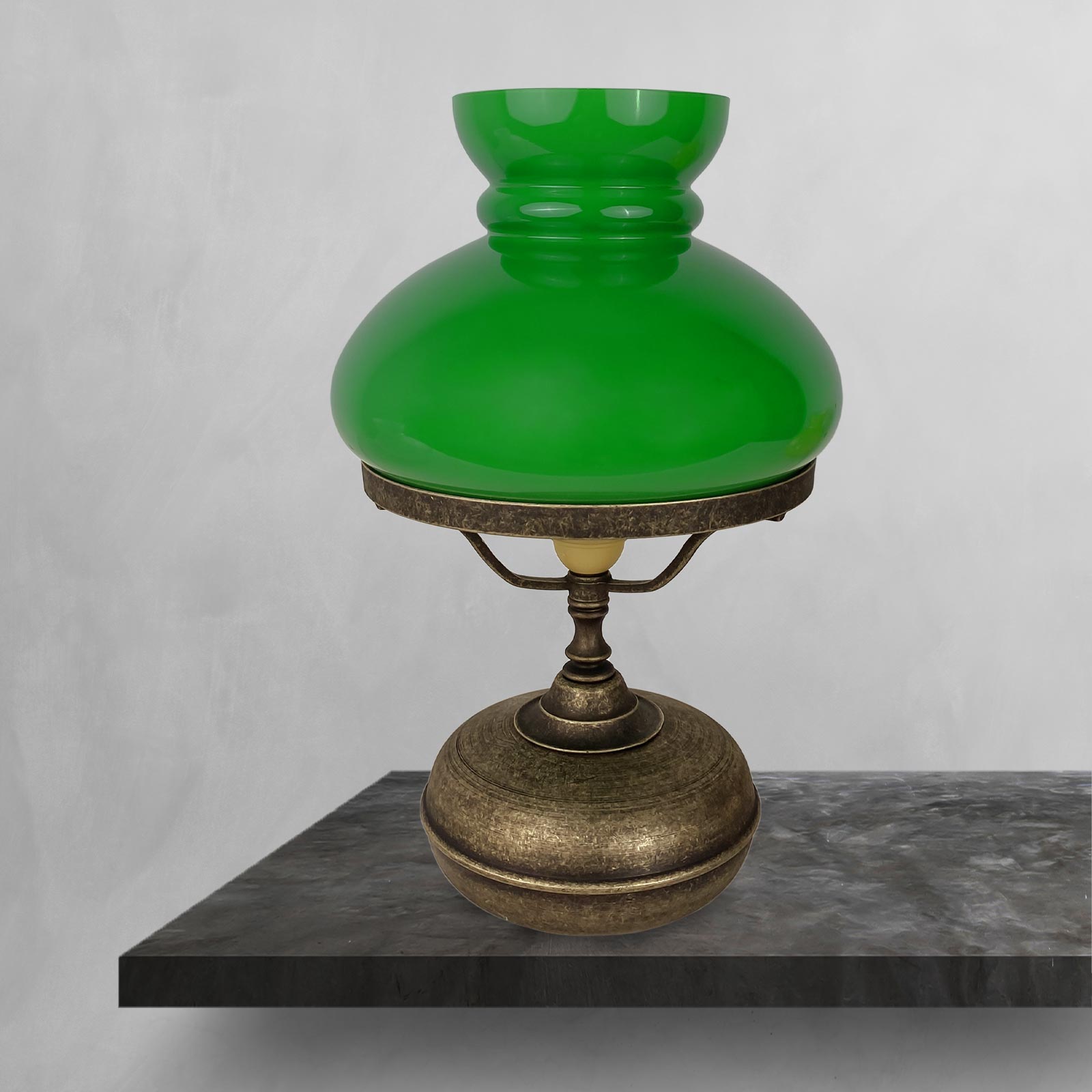Tischleuchte Glas Messing H: 36,5 cm E27 in Bronze Antik Grün