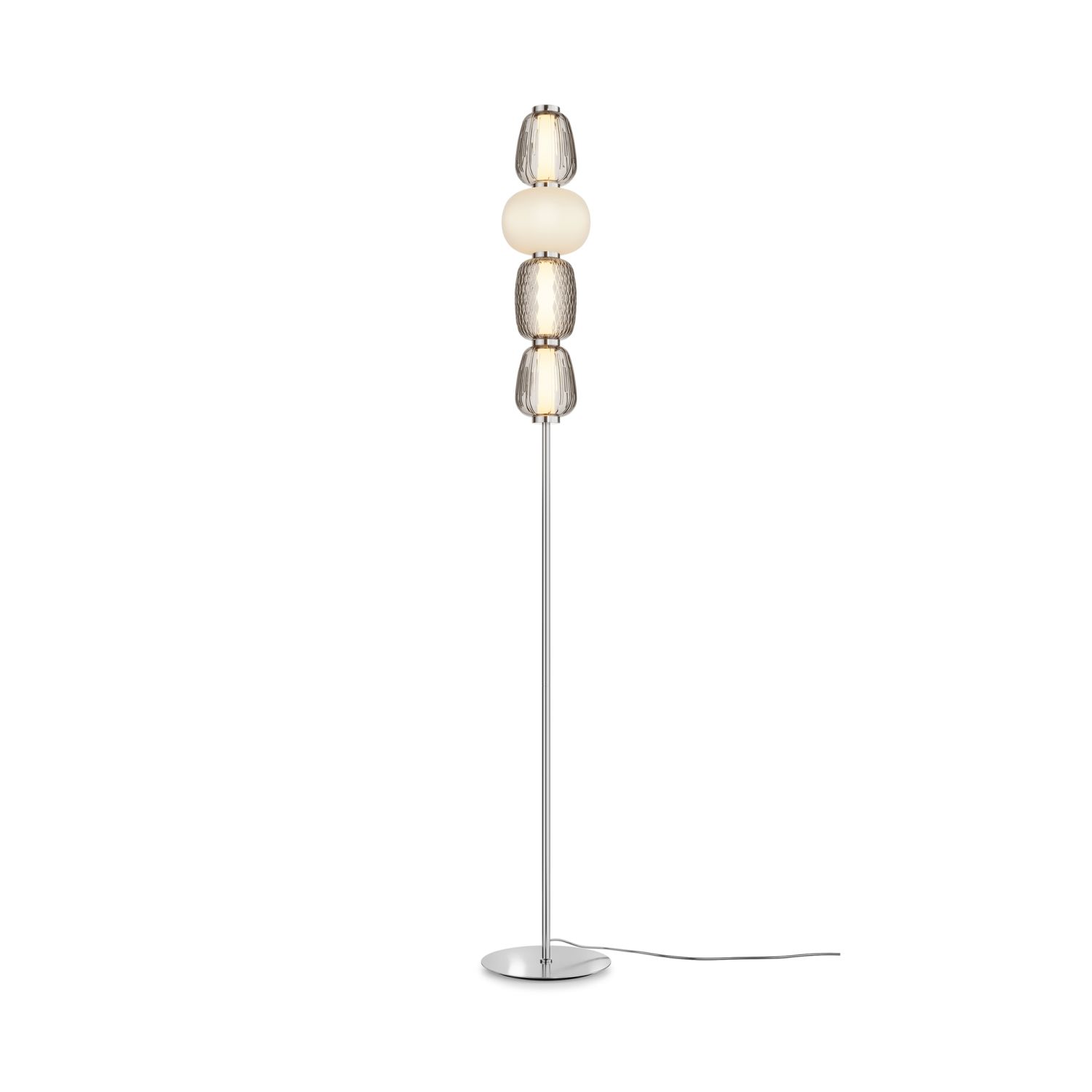 Lampadaire métal verre LED 165,5 cm de haut chrome blanc gris