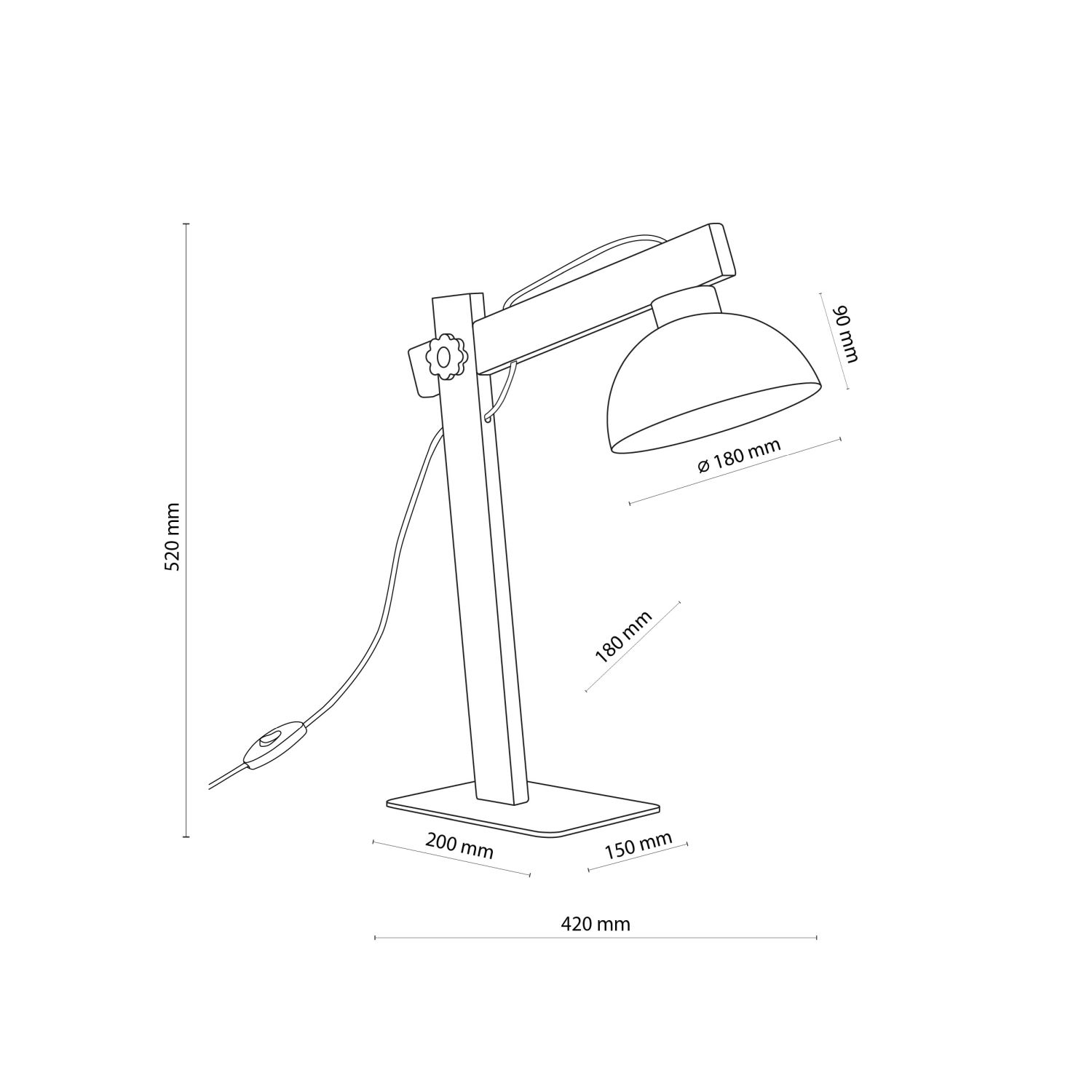 Lampe de table articulée 52 cm de haut bois métal E27 réglable