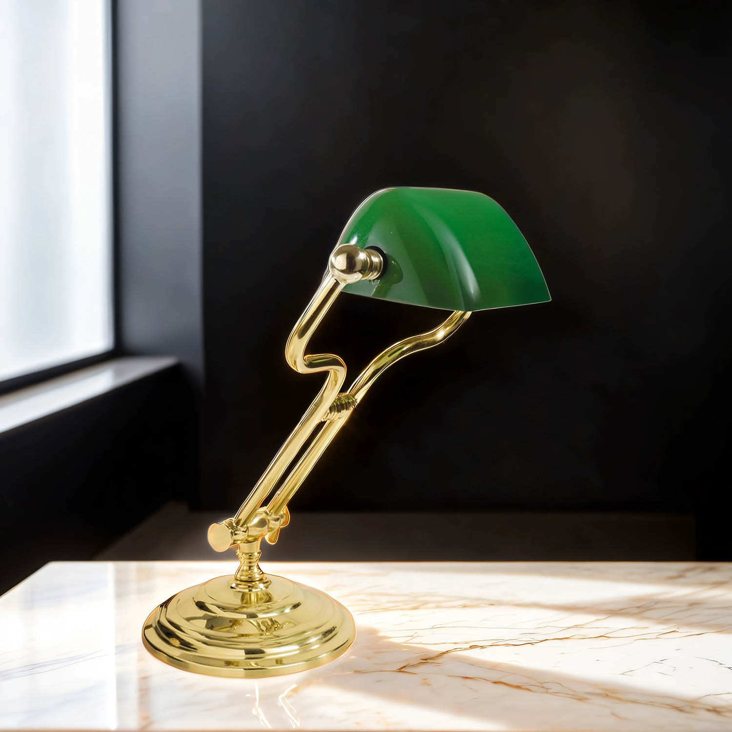 Bankerlampe Grün H: 35 cm verstellbar Echt-Messing Glas E14