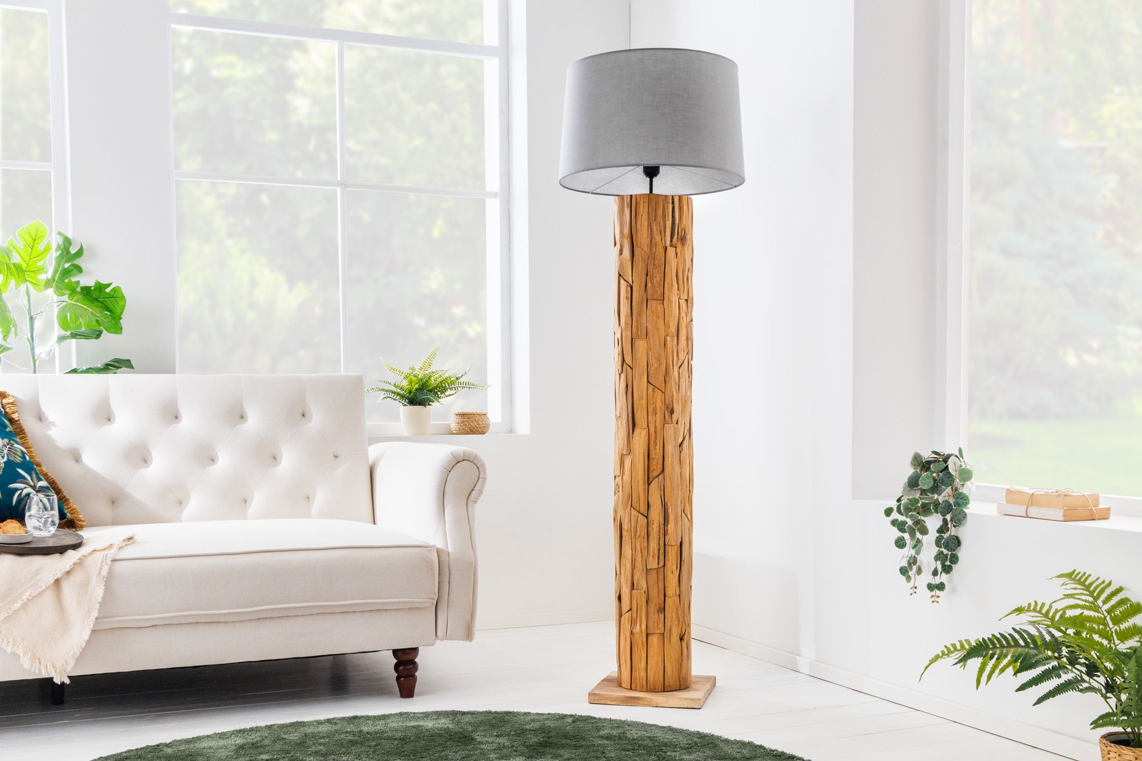 Stehlampe Holz Stoff Natur 138 cm E27 mit Fußschalter