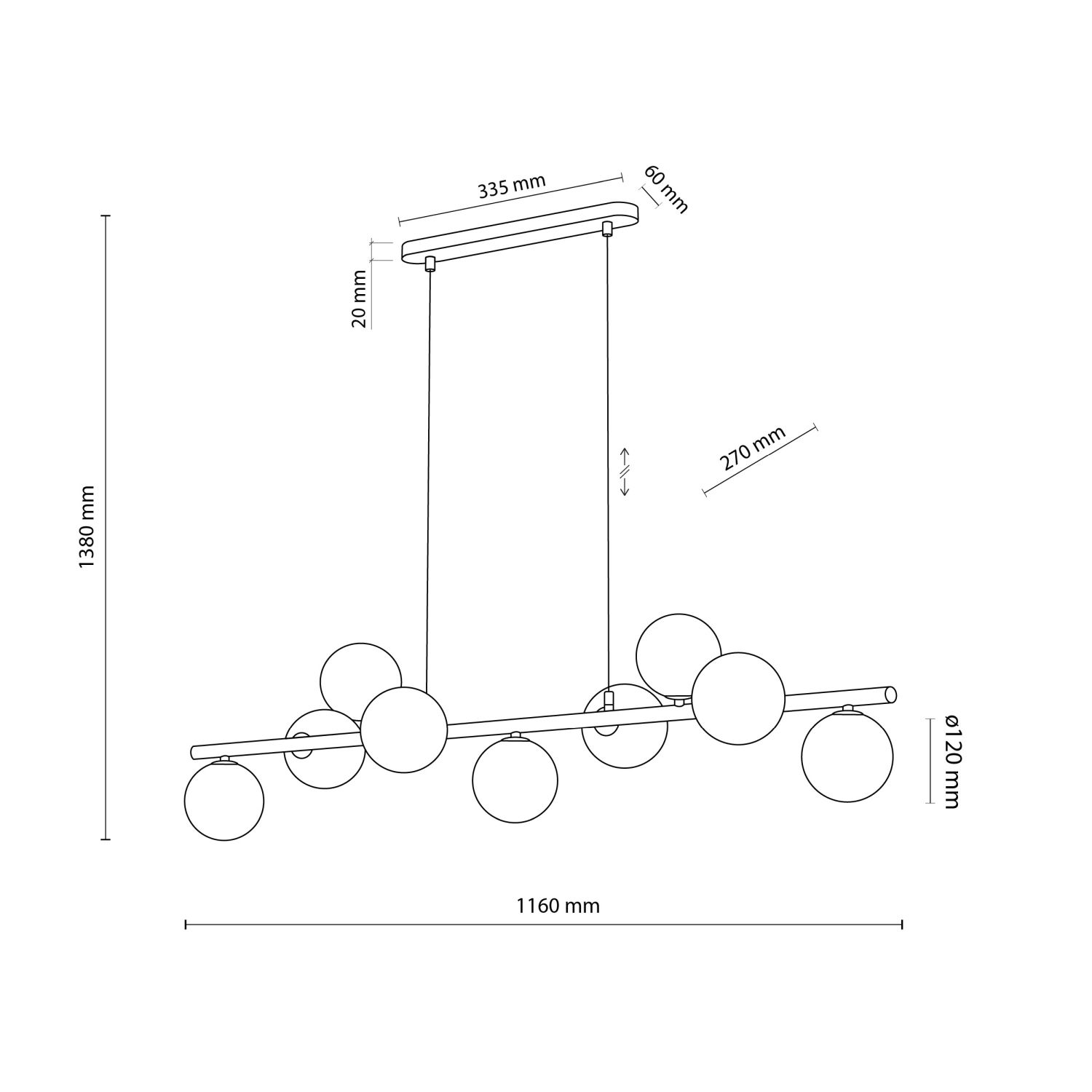 Lampe à suspendre verre métal L : 116 cm brun ambre 9x G9