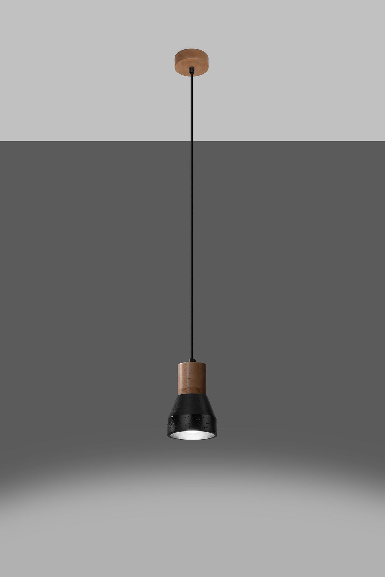 Lampe à suspendre Noir Béton Bois Scandinave Ø 12 cm