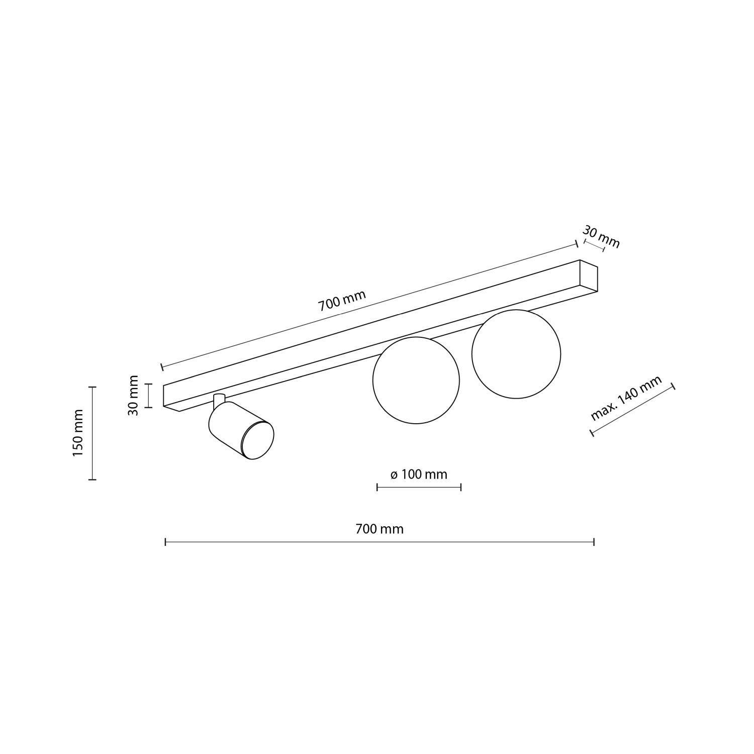 Spot de plafond métal verre 70 cm long GU10 + 2x G9