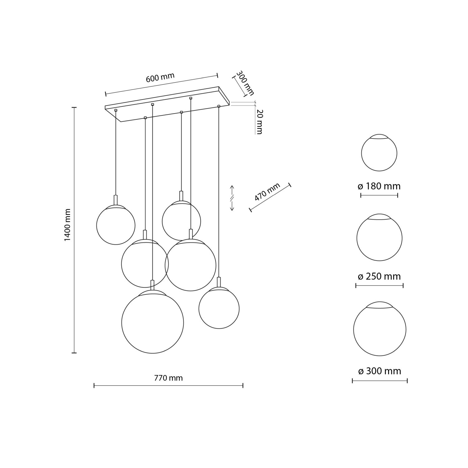 Lampe à suspendre verre métal L : 77 cm H : max. 140 cm 6x E27