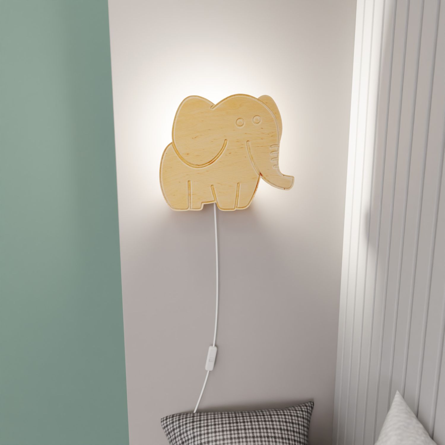 Wandlampe Kinderzimmer Holz mit Stecker Schalter Elefant E14
