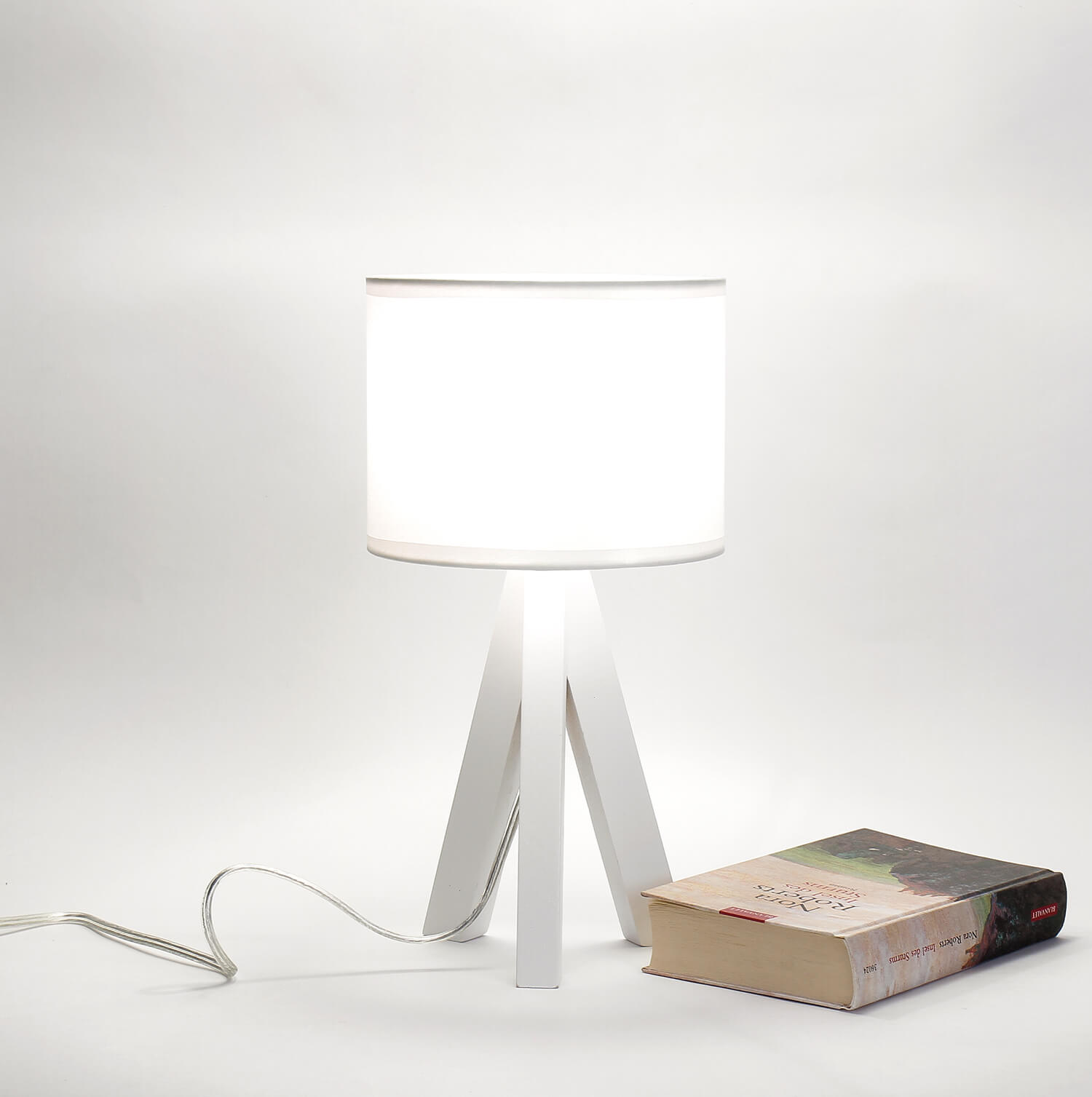 Lampe de chevet bois tissu tripode E14 blanc