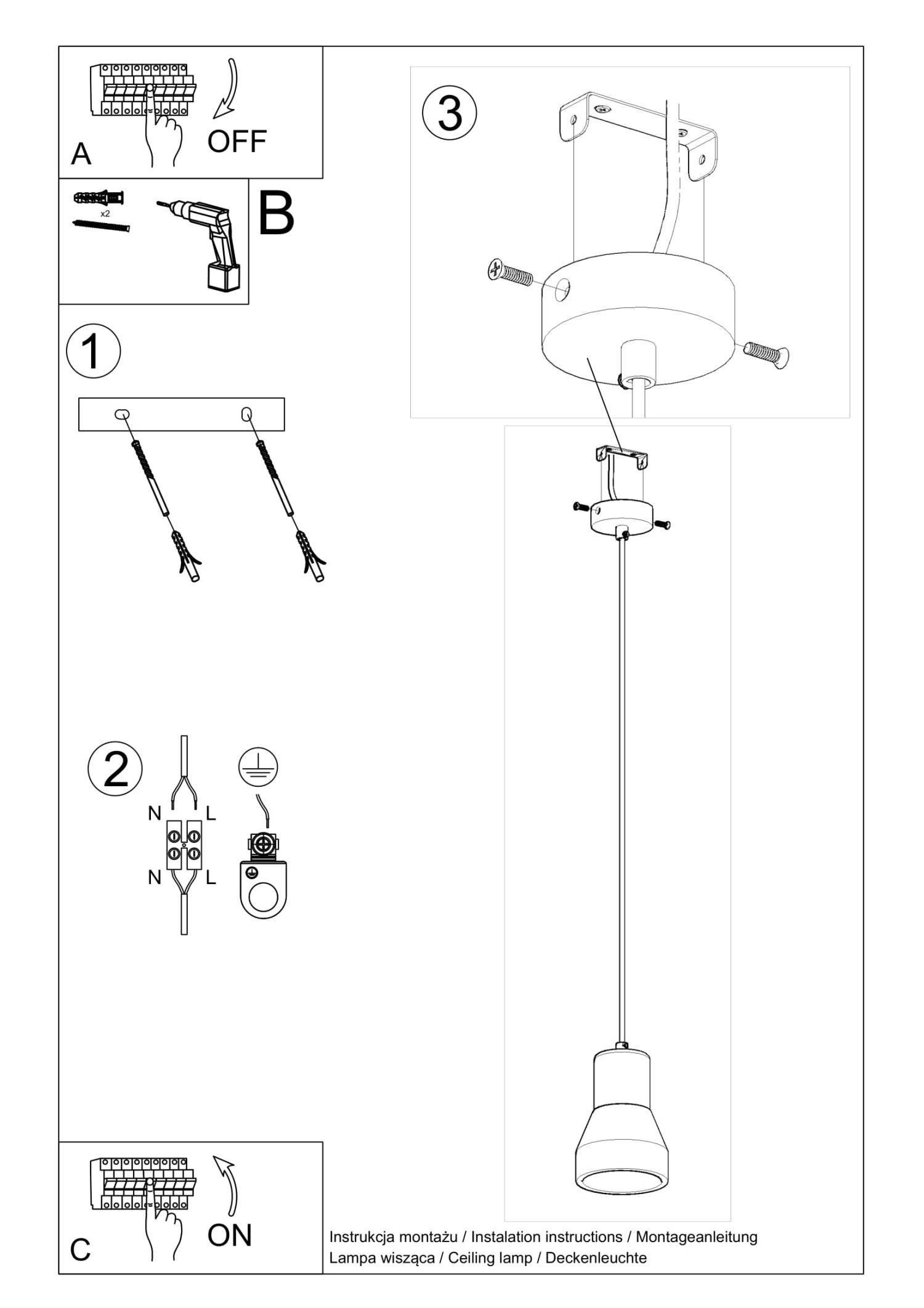 Lampe à suspendre Noir Béton Bois Scandinave Ø 12 cm