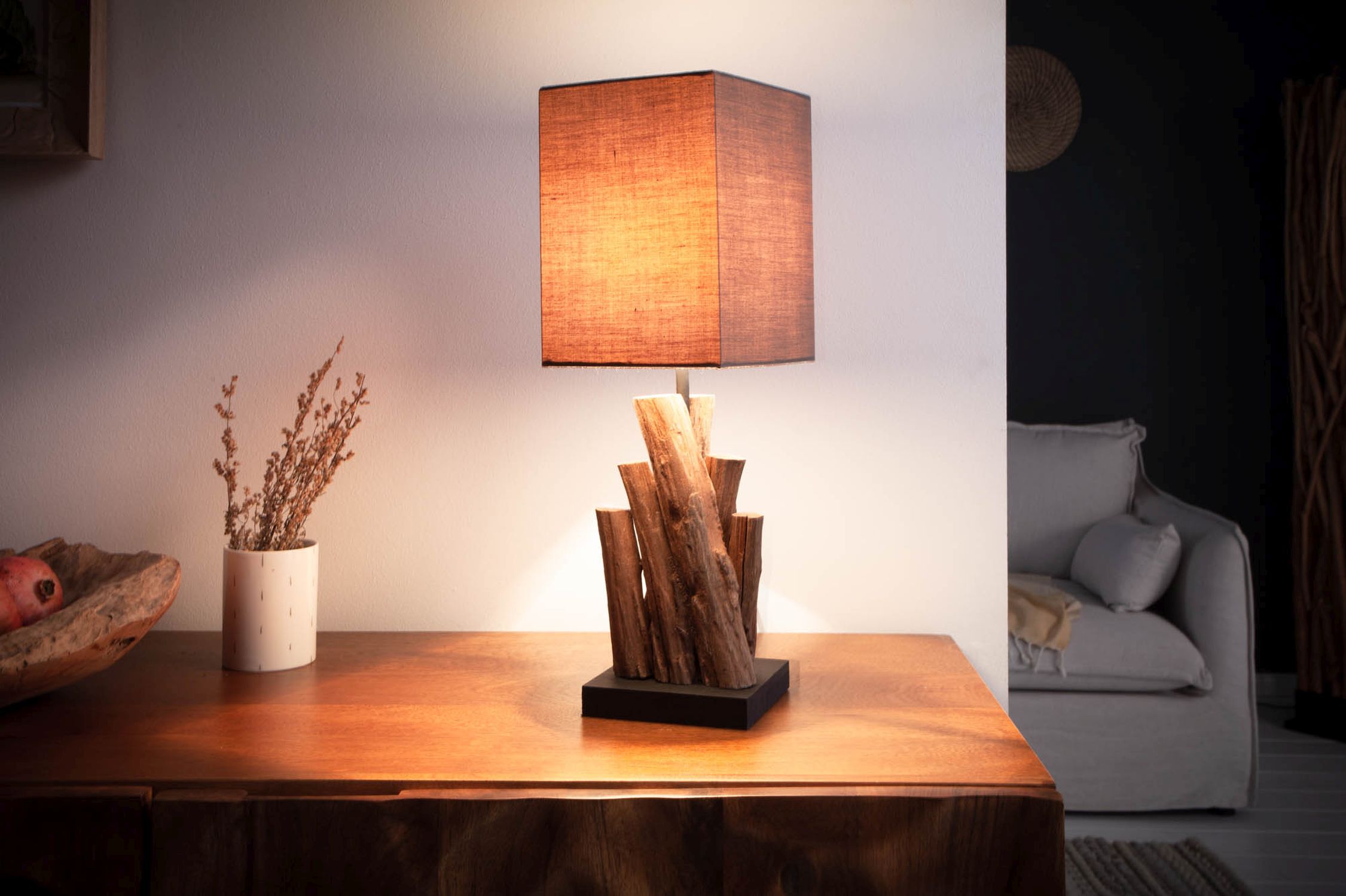 Tischlampe Stoff Holz blendarm E14 45 cm in Natur Braun