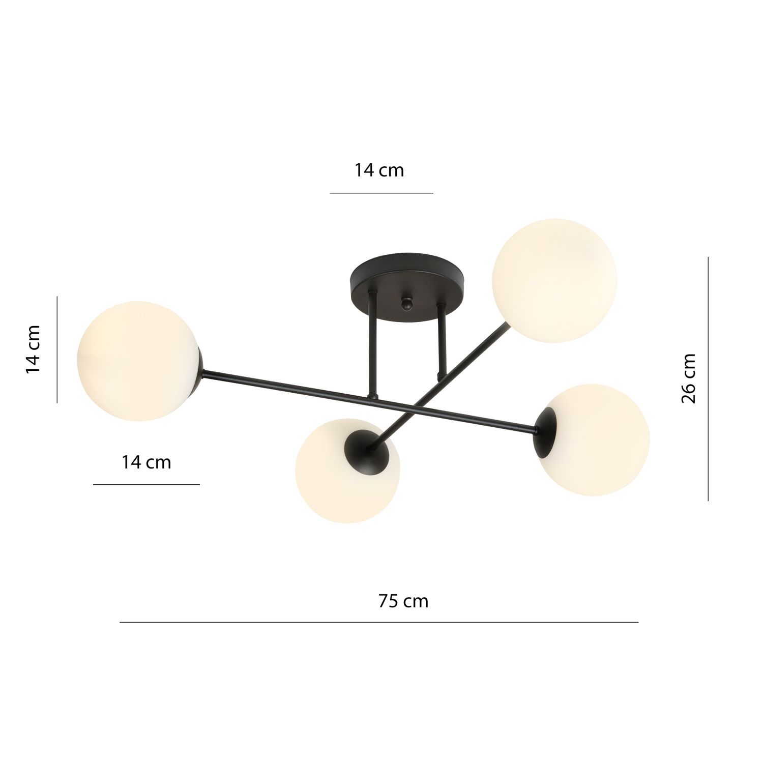 Plafonnier Noir Blanc 4 flammes Abat-jour Boule