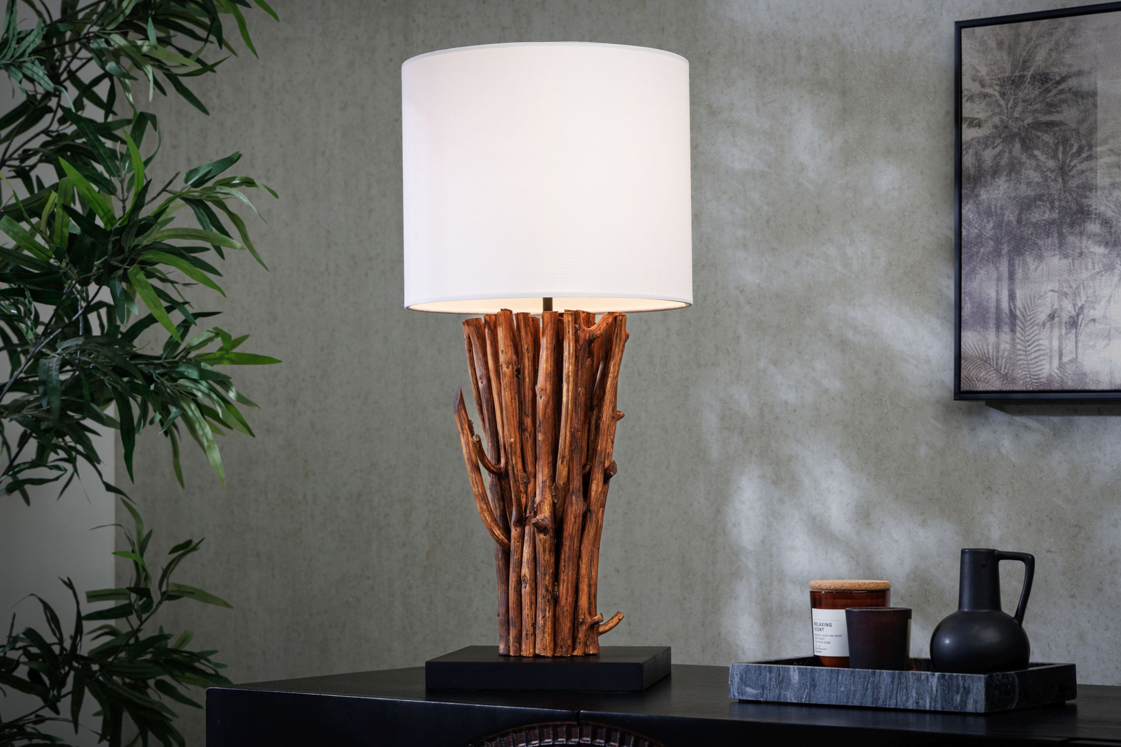 Tischlampe Weiß Holz Stoff E27 H:58 cm gemütlich