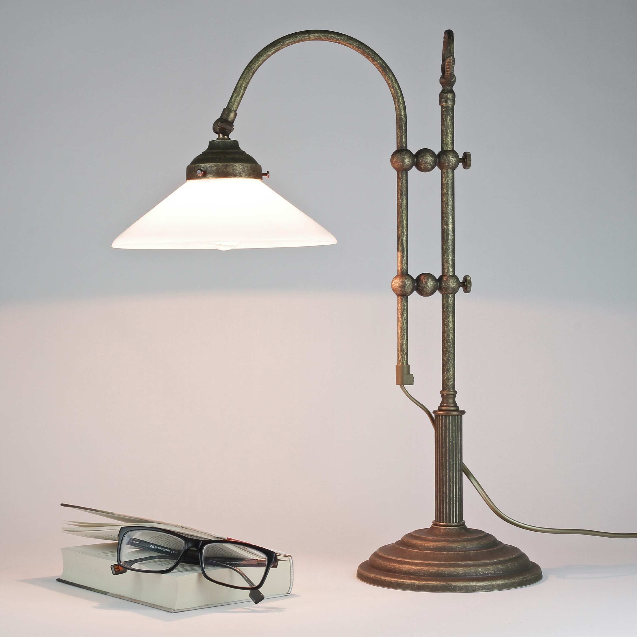 Tischlampe Schreibtisch aus Messing Glas 49 cm E14 in Antik