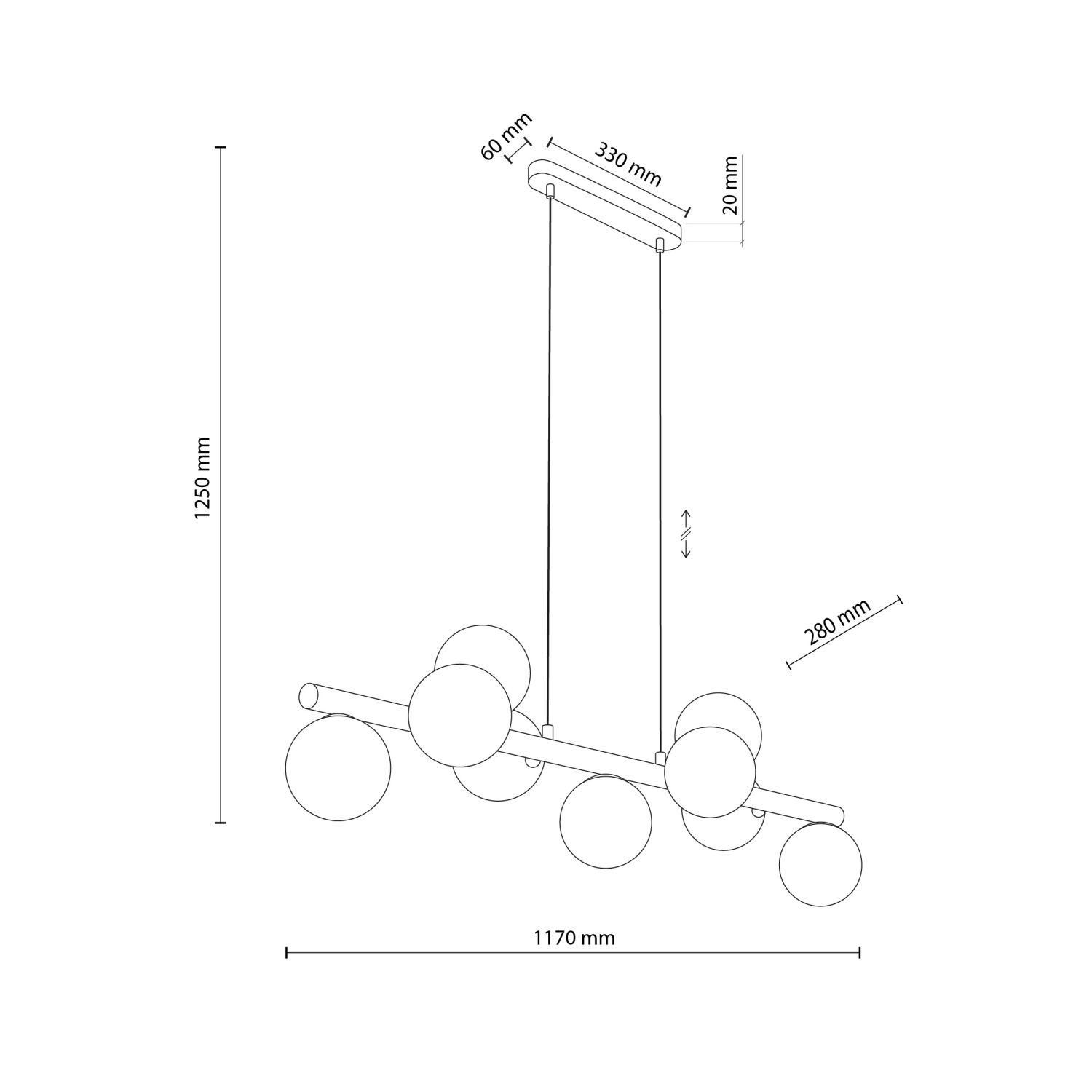 Suspension Table de salle à manger 117 cm de long H : max. 125 cm réglable