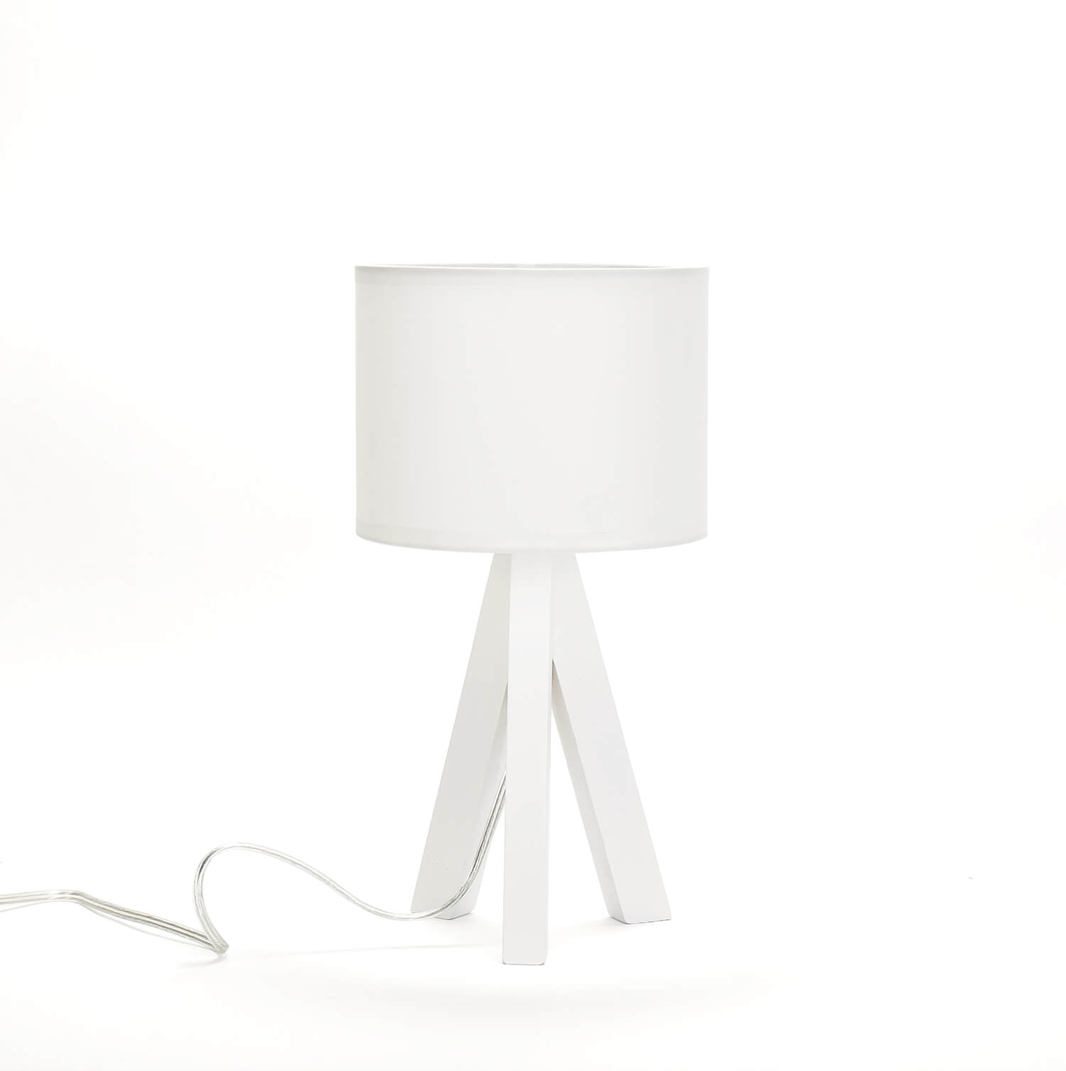 Lampe de chevet bois tissu tripode E14 blanc