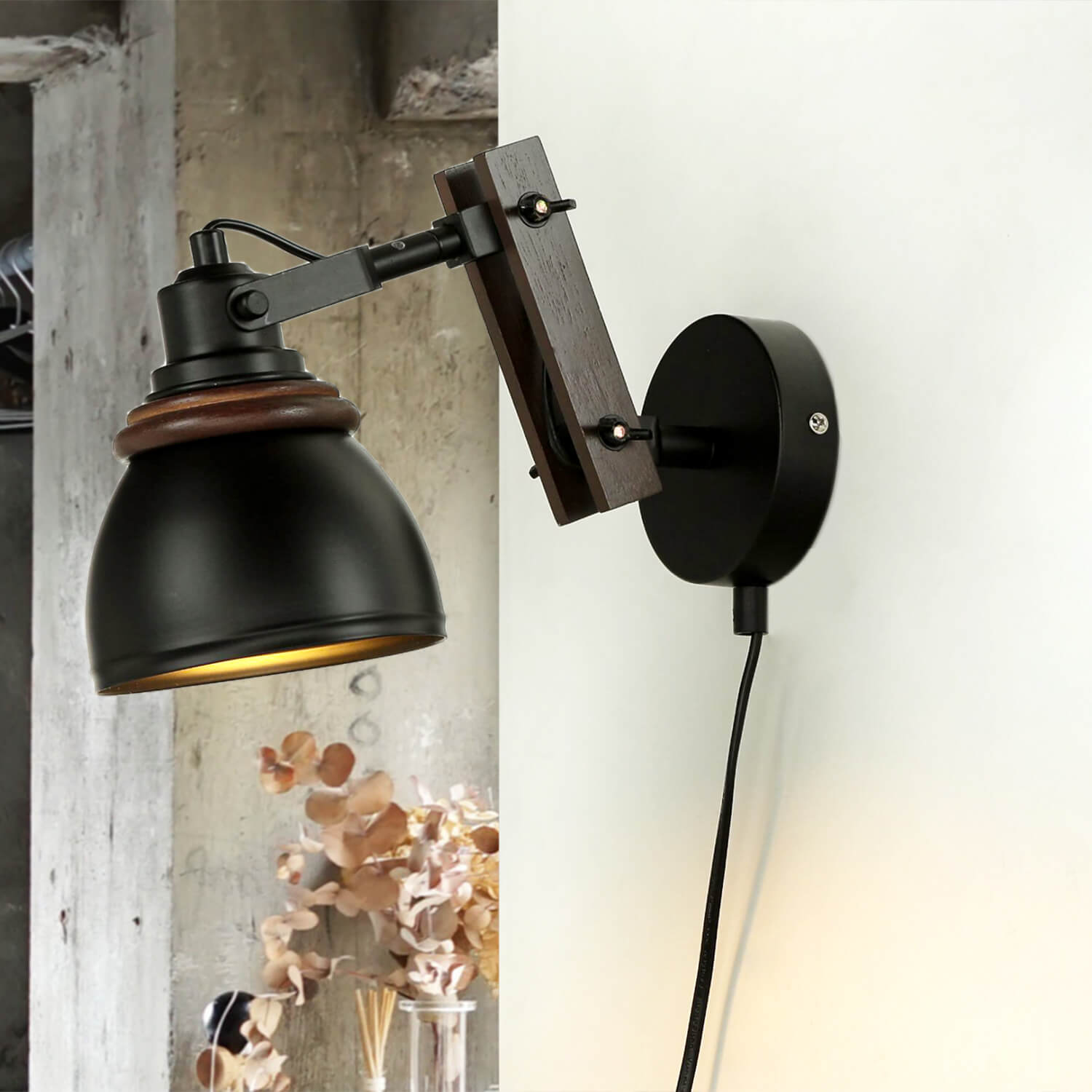 Wandlampe mit Stecker Kabelschalter Holz Metall verstellbar