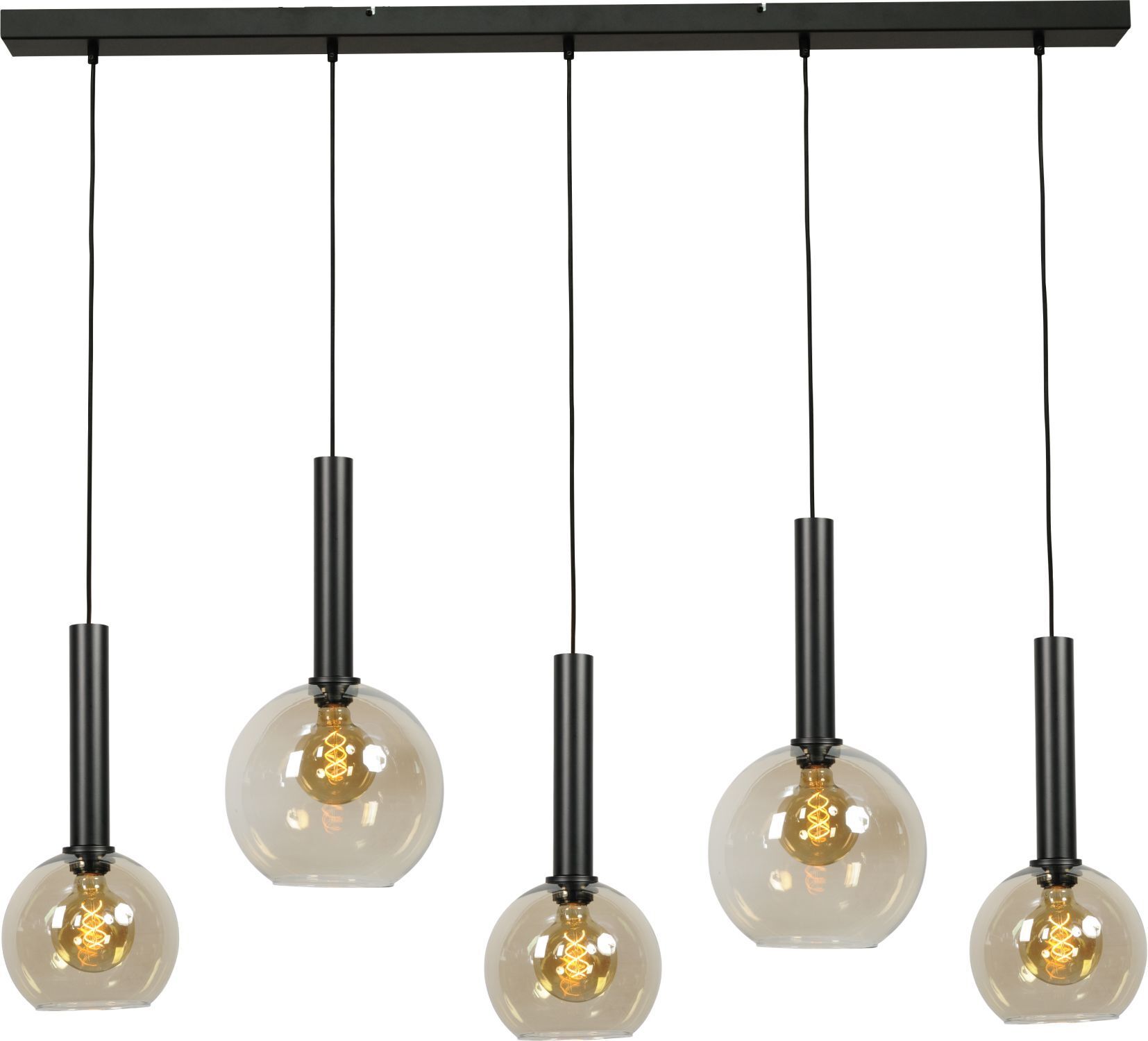 Qazqa Pendelleuchte Stavelot - 5-flammig, Schwarz Mit Rauchglas, Dimmbar, Für E27 LED, 40cm Durchmesser